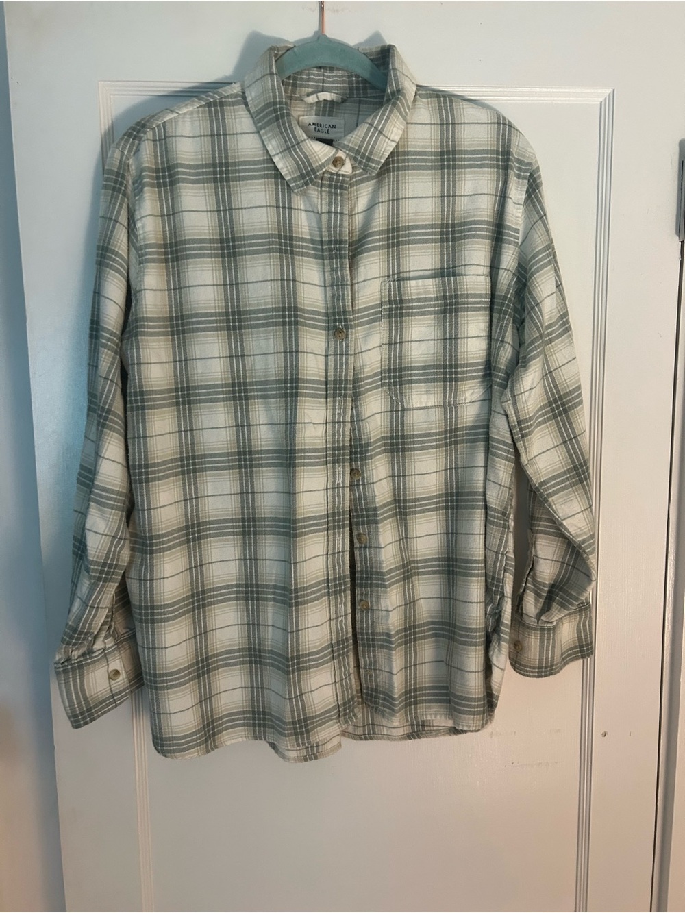 American Eagle Outfitters Green and White Plaid Button-Down Shirt